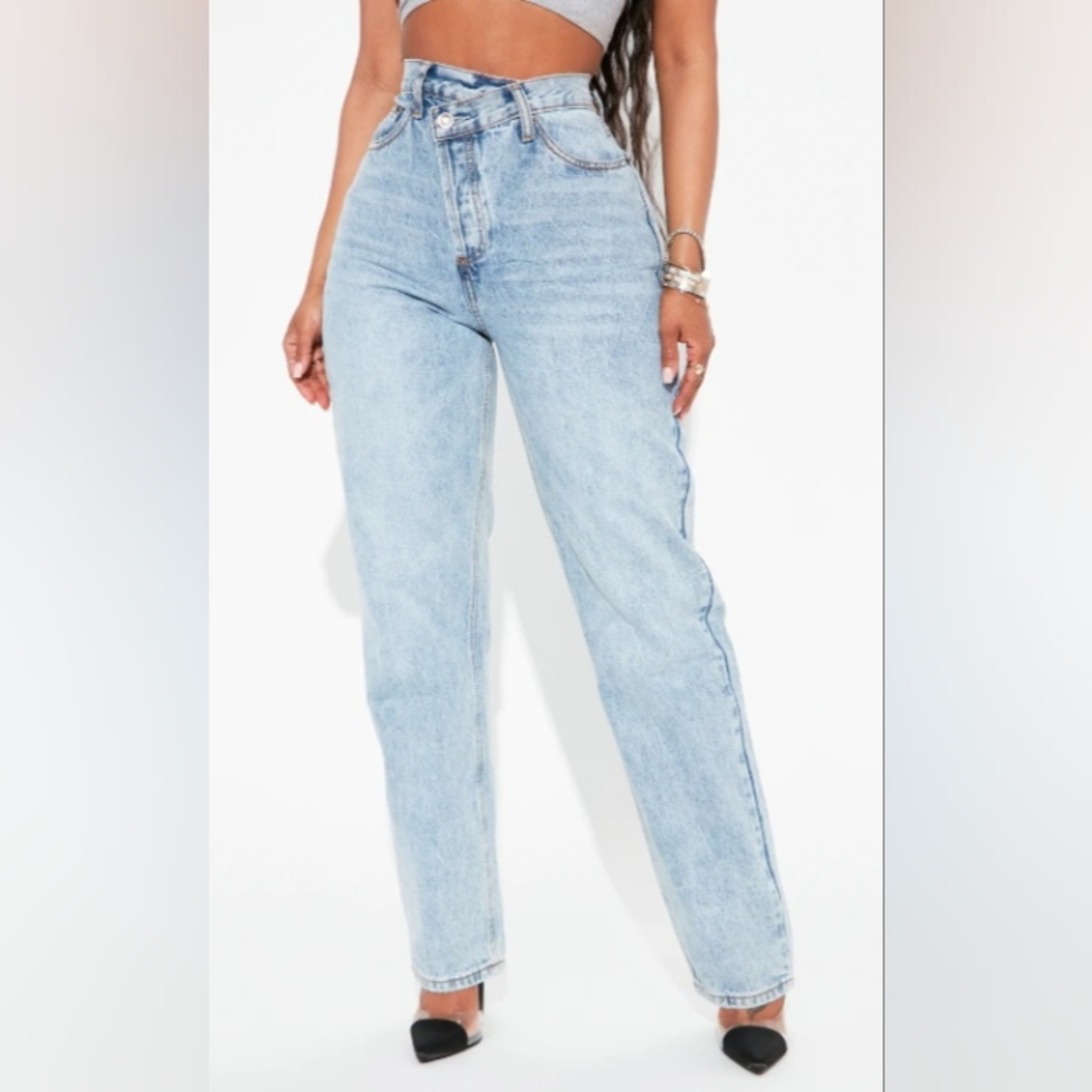 Like New. Fashion Nova Step Waistband Crossover Jeans Light Blue. 13